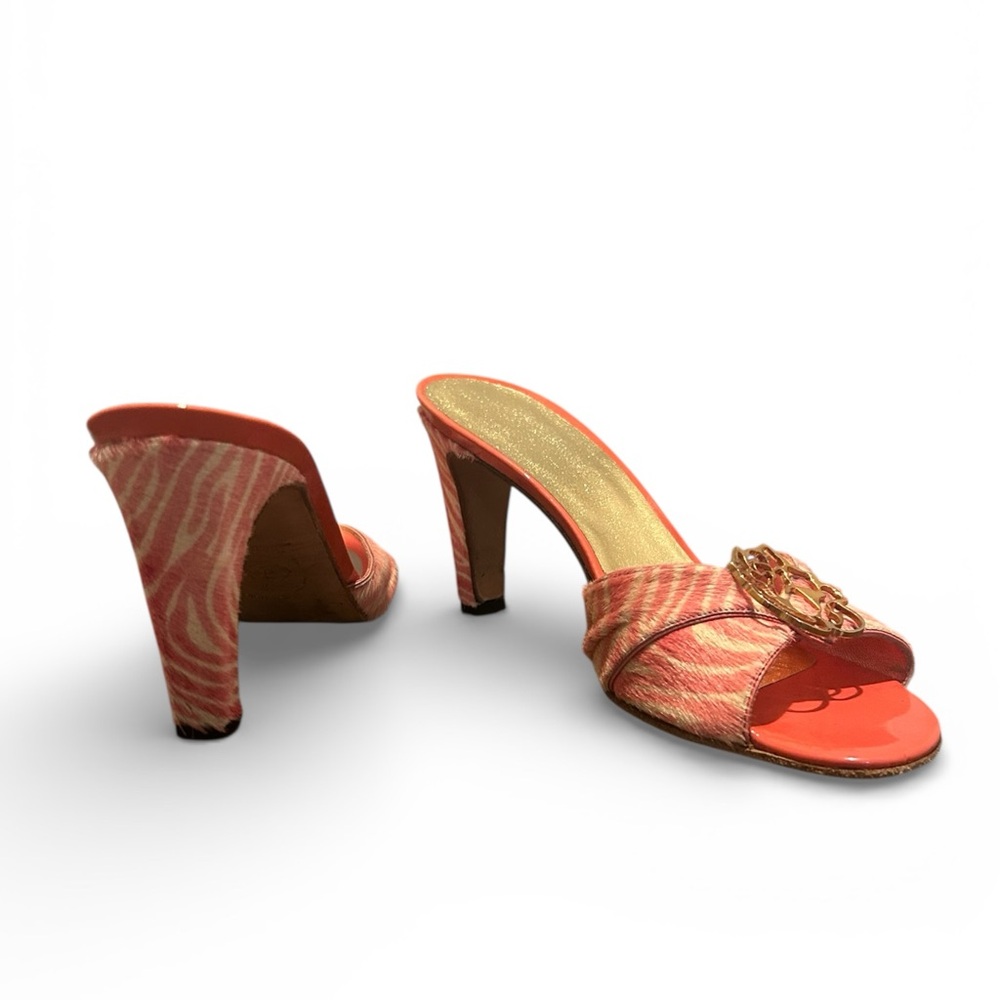Vintage Gianni Versace Pink/Cream Zebra Print Mules w Gold Rose